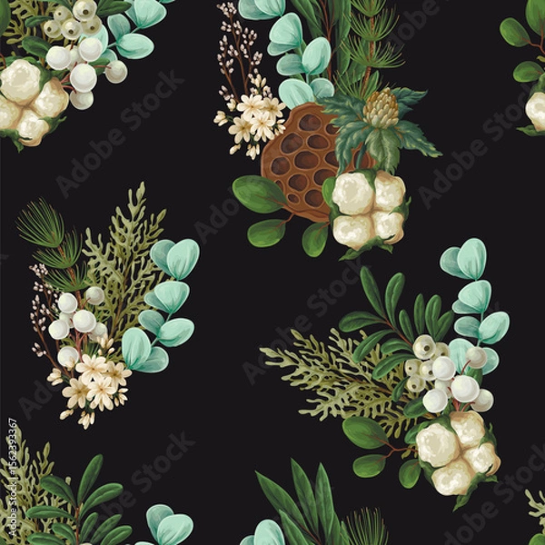 Obraz Vector Christmas seamless pattern with greenery pods cotton and berries