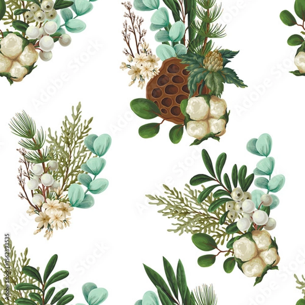Obraz Vector Christmas seamless pattern with greenery pods cotton and berries
