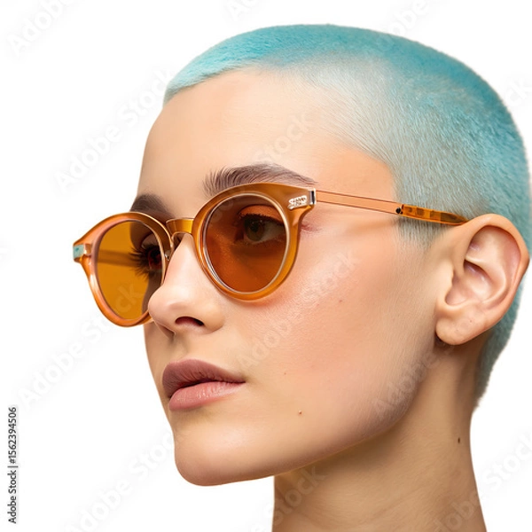 Fototapeta Young woman with short blue hair wearing round sunglasses. She has a fair complexion and a neutral expression. The background is black, emphasizing her features.