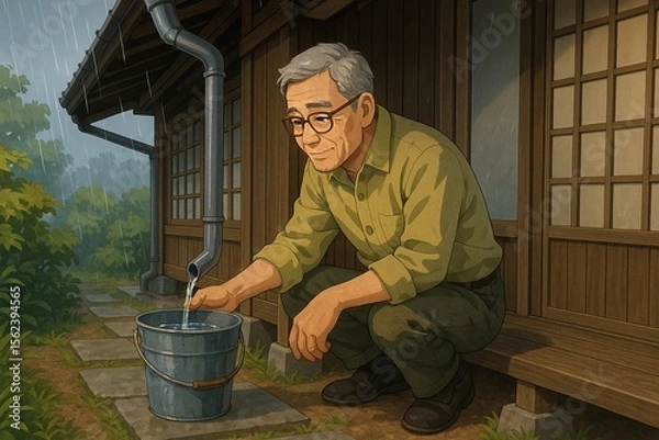 Obraz 雨どいの下で雨水を集める男性
Japanese Man Using Rainwater