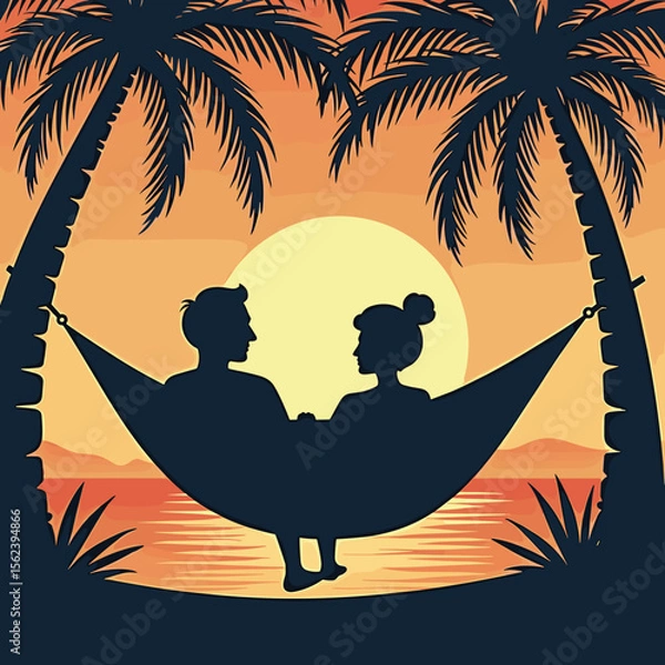 Fototapeta Couple relaxing in hammock under palm trees at sunset  