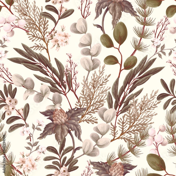 Obraz Vector Christmas seamless pattern with greenery pods cotton and berries