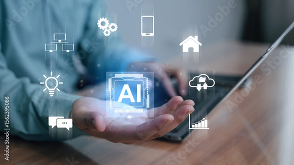 Fototapeta Concept AI icon surrounded by smart technology symbols, illustrating the integration of artificial intelligence in business, smart home, cloud computing, and Internet of Things (IoT).