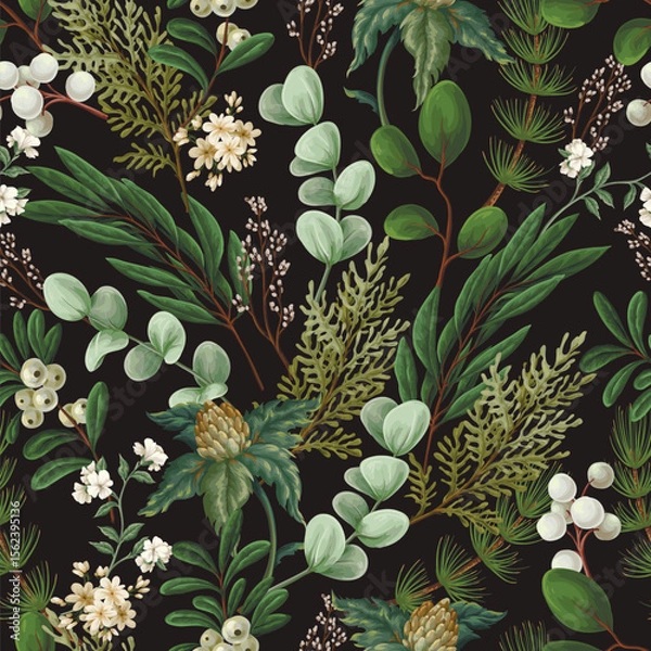 Obraz Vector Christmas seamless pattern with greenery pods cotton and berries