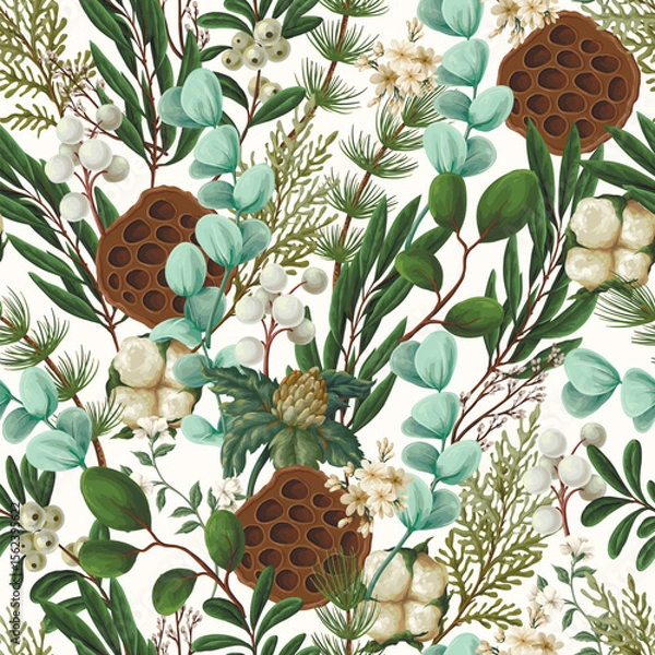 Obraz Vector Christmas seamless pattern with greenery pods cotton and berries