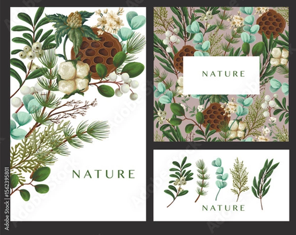 Obraz Vector Christmas botanical cards with cotton leaves berries and greenery