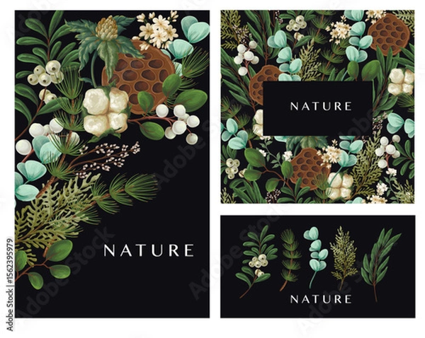 Obraz Vector Christmas botanical cards with cotton leaves berries and greenery