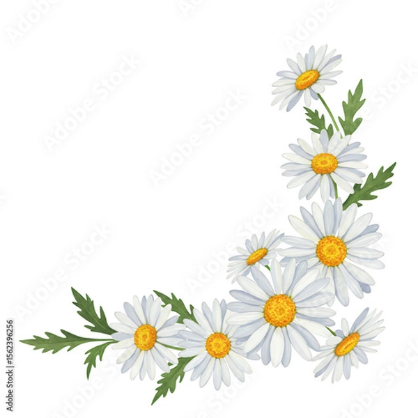 Fototapeta White daisies with yellow centers arranged in a corner design on a transparent background. The daisies are realistically rendered with detailed petals and leaves.