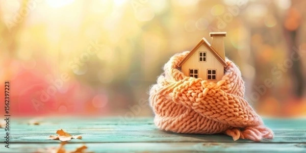 Fototapeta Pink knitted scarf wrapped around miniature house on soft autumn-blurred background. Horizontal banner with copy space
