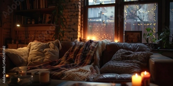 Fototapeta Cozy living room with knitted throw blanket on sofa, flickering candles and decorative garlands creating warm inviting atmosphere in evening light