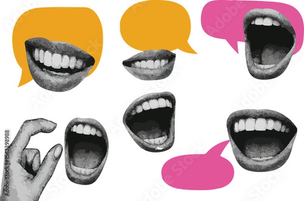 Obraz Halftone collage lips with speech bubbles. Dotted modern retro urban magazine style pop art banner templates with copy space for text. Social media concept vector illustration 