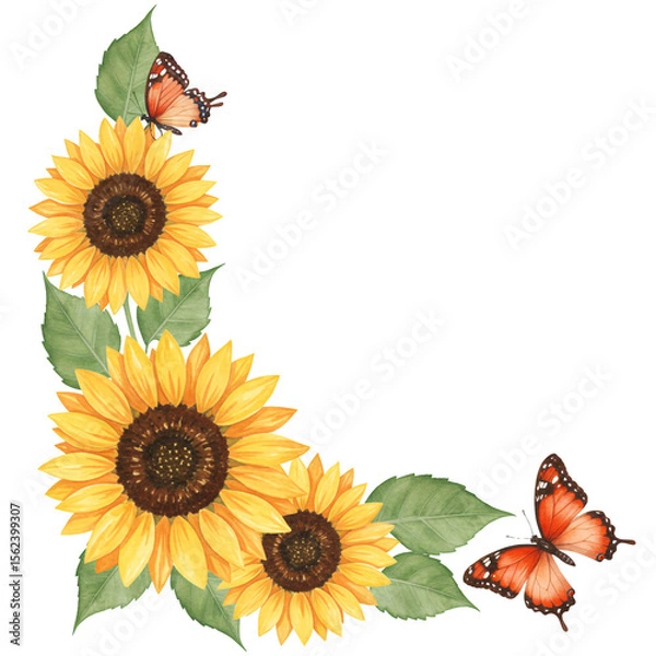 Fototapeta Watercolor painting of sunflowers and butterflies on a transparent background. The sunflowers are yellow and brown, and the butterflies are orange. The image is arranged in a corner design. 