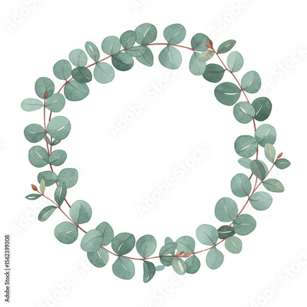 Fototapeta Circular frame of eucalyptus leaves with transparent background. Watercolor style, soft green hues, detailed leaves, perfect for invitations or design elements.