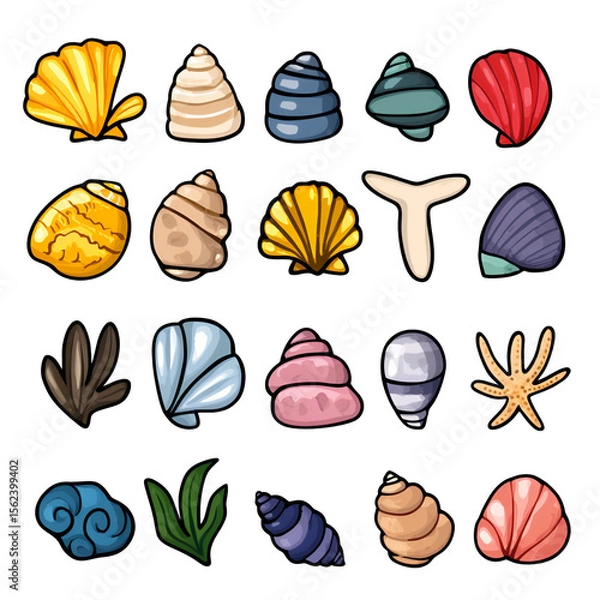 Obraz Colorful Seashell Collection Cartoon Ocean Elements on Transparent Background