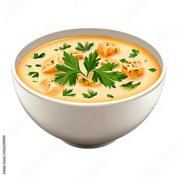 Fototapeta Creamy soup in a white bowl garnished with fresh parsley and croutons. The soup is a pale yellow color, and the croutons are golden brown.  The image is on a transparent background.