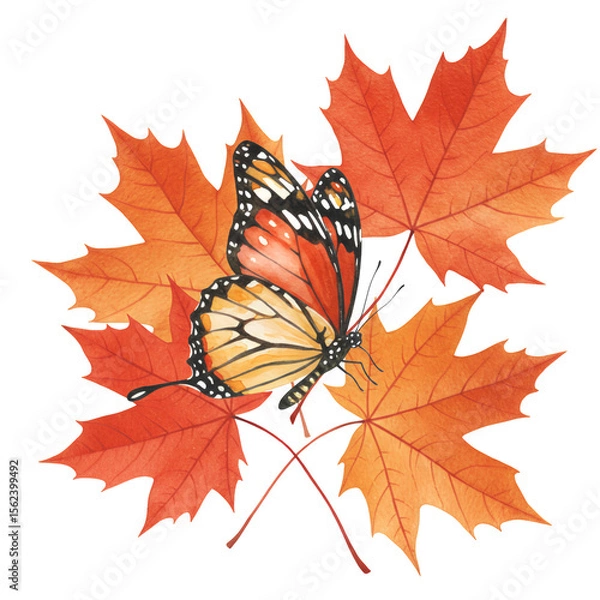 Fototapeta Orange and black monarch butterfly resting on three autumnal red and orange maple leaves. Watercolor style illustration with transparent background. Fall season nature scene.
