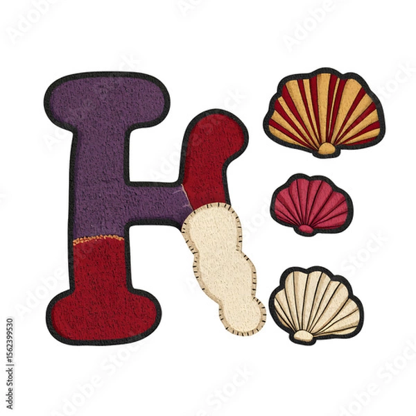 Fototapeta Textured Letter H with Colorful Seashells on Transparent Background