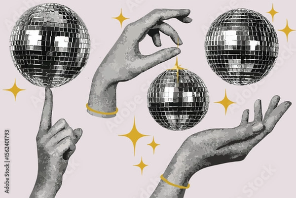 Obraz Shiny disco balls and cut out hands halftone collage vector illustration. Set of trendy modern retro elements with gold glitter star decoration isolated on transparent background