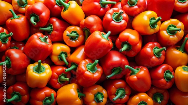 Fototapeta Red and orange bell peppers fills the frame, showing their vibrant color and fresh texture. Suitable for illustrating healthy food, nutrition, or vegetable concepts.