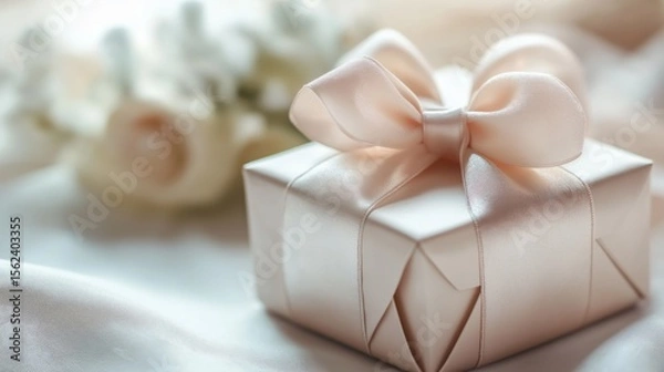 Obraz Delicate satin ribbon beautifully tied around a bridal shower favor box on a soft white tablecloth illuminated by natural light