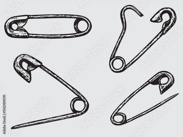 Obraz Halftone stipple elements set. Safety pins set with grunge dotted texture for design, punk symbol. Retro photocopy vector illustration isolated