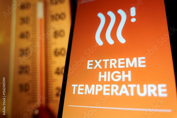 Fototapeta Smartphone screen showing extremely hot weather warning with thermometer in background, symbolizing heatwave.