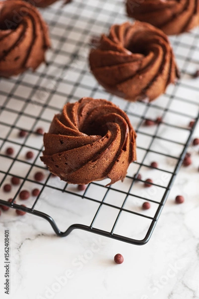 Obraz Mini chocolate bundt cakes on a cooling rack. Top view