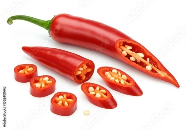 Fototapeta A fresh red chili pepper cut into slices and halves isolated on white background