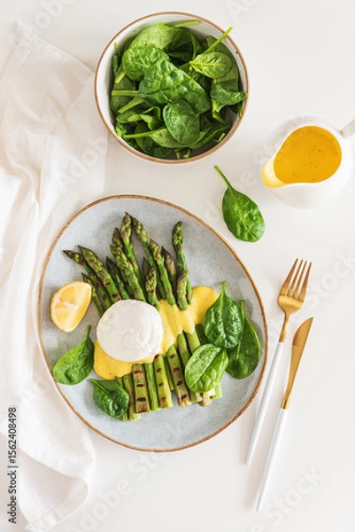 Obraz Poached egg with grilled asparagus, spinach, and hollandaise sauce on white table. Top view