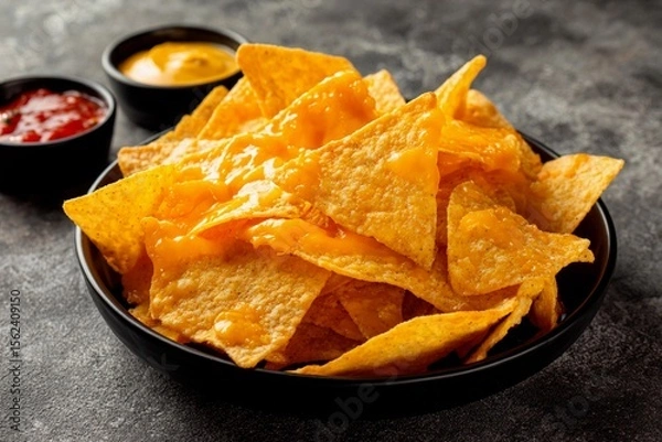 Fototapeta A bowl filled with crispy nachos is topped with melted cheese. Three small bowls containing salsa, mustard, and cheese dip accompany the dish, perfect for sharing at a get-together