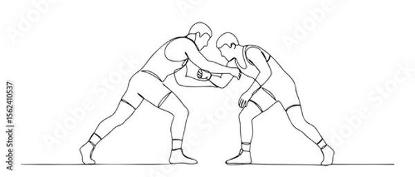 Fototapeta Two athletes engaged in Greco-Roman wrestling in an outlined sketch style
