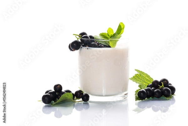 Obraz Blackcurrant with homemade yogurt on white background