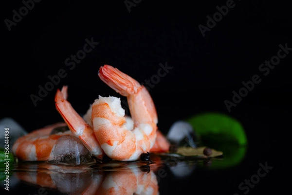 Obraz Still life with chilled shrimp, spices and ice cubes