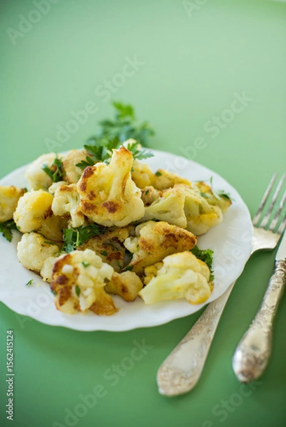 Obraz Fried cauliflower with spices and herbs on a green background