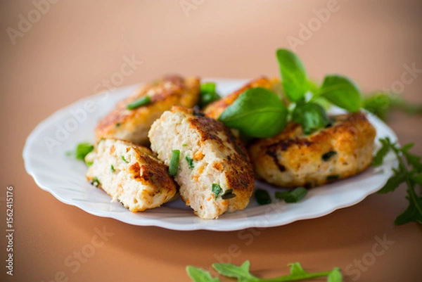 Obraz Chicken cutlets fried until crusty on a brown background