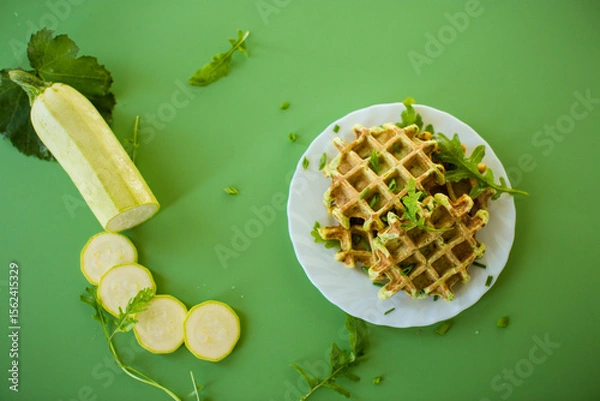 Obraz Vegetable zucchini waffles with greens on a green background
