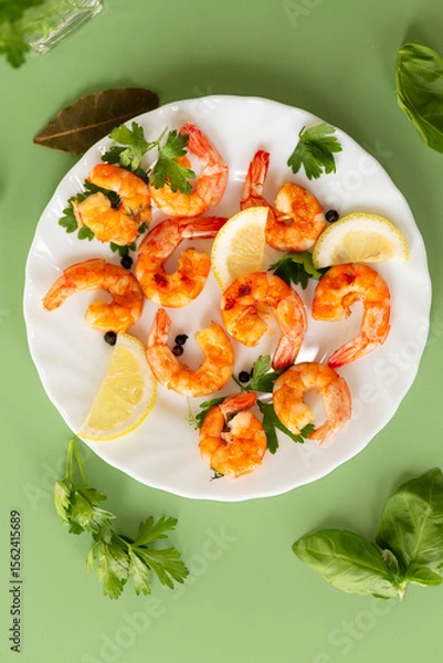 Obraz Golden fried shrimps with spices and fresh lemon in a plate isolated on green