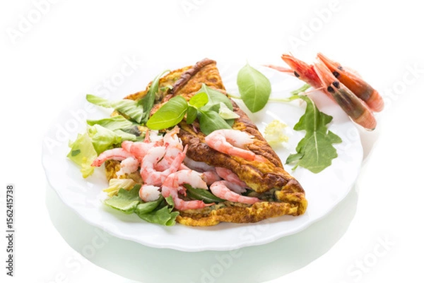 Obraz Appetizing breakfast omelet with shrimps and dill, on a white background