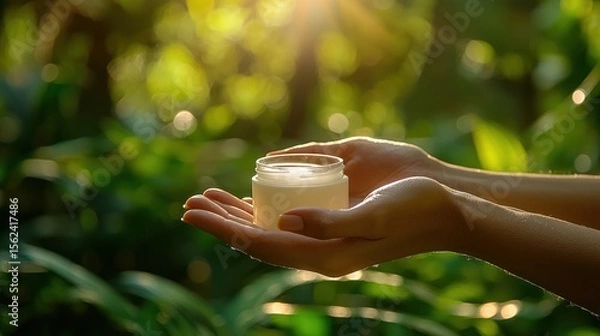 Fototapeta Woman's hands hold cream jar, jungle backdrop, sunlight