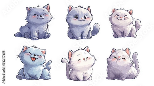 Fototapeta Six cute cartoon kittens sitting and smiling isolated on transparent background