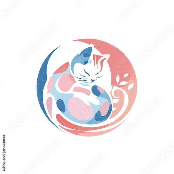 Fototapeta A sleeping cat curled in a circle with leaves isolated on transparent background