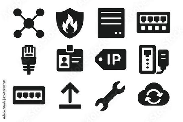 Fototapeta 12 black IT infrastructure icons. Solid vector for networks, servers, and maintenance.