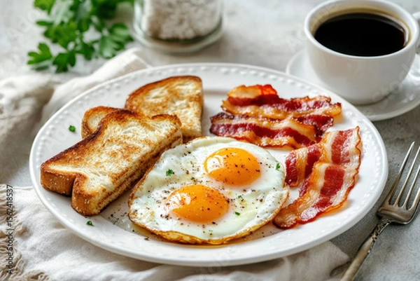 Fototapeta Homemade American breakfast. Fried eggs with bacon and toast, a cup of coffee and a fork on a white table. Healthy breakfast. The concept of healthy eating