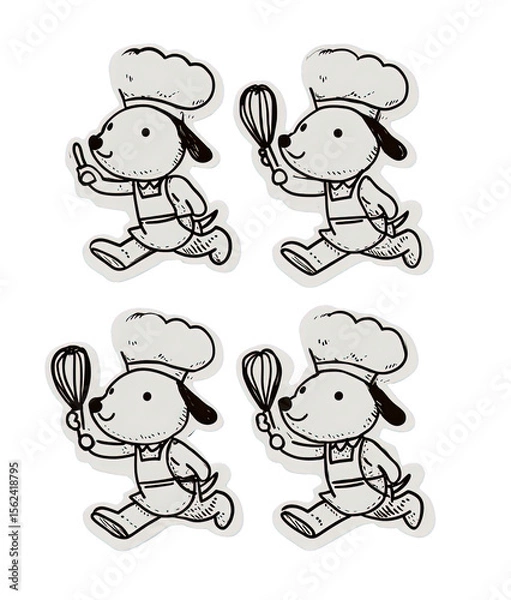 Fototapeta Cartoon dog chef running with a whisk isolated on transparent background