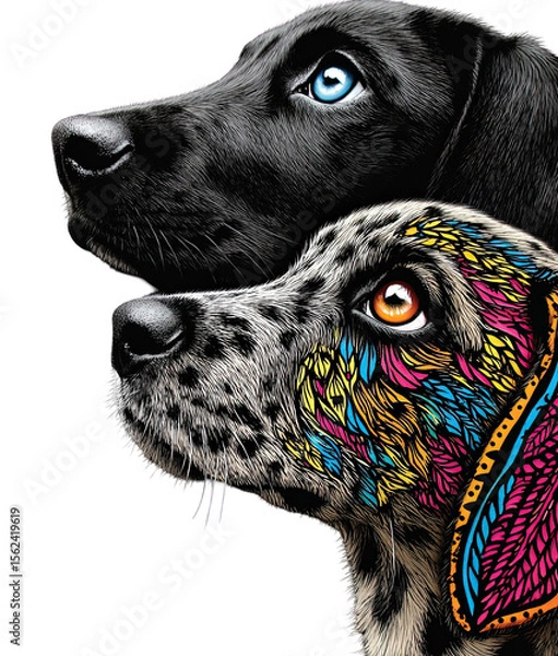 Fototapeta Black labrador and colorful pointer dog portrait isolated on transparent background