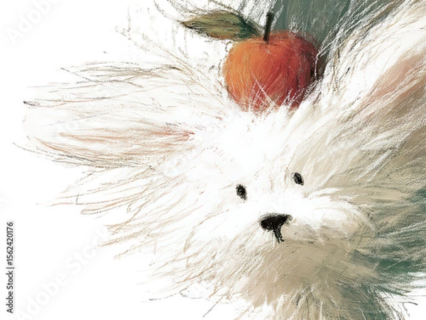 Fototapeta White fluffy dog with apple on head isolated on transparent background