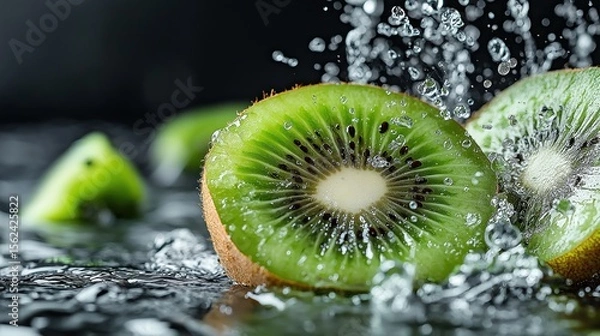 Fototapeta Freshly sliced kiwi halves submerged in water with splashes creating a refreshing scene