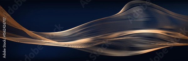 Obraz Gold wave lines on dark blue background with lighting effect and glitter with copy space for text. Luxury design style. Vector illustration