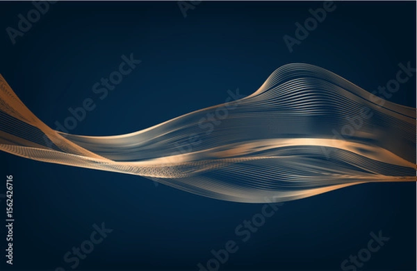 Obraz Gold wave lines on dark blue background with lighting effect and glitter with copy space for text. Luxury design style. Vector illustration