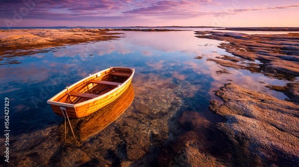 Obraz A small wooden boat tethered in calm tide pools